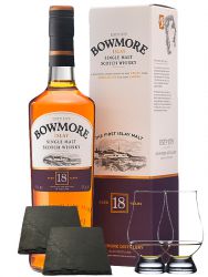 Bowmore 18 Jahre Islay Single Malt Whisky 0,7 Liter + 2 Glencairn Glser + 2 Schieferuntersetzer quadratisch 9,5 cm