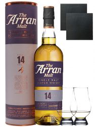Arran 14 Jahre Single Malt Whisky 0,7 Liter + 2 Glencairn Gläser + 2 Schieferuntersetzer quadratisch 9,5 cm