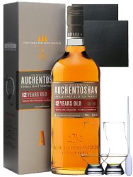 Auchentoshan 12 Jahre Single Malt Whisky 0,7 Liter + 2 Glencairn Gläser + 2 Schieferuntersetzer quadratisch ca. 9,5 cm + Einwegpipette