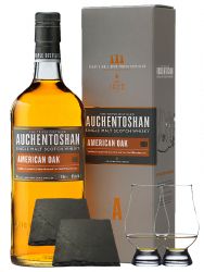 Auchentoshan American Oak Single Malt Whisky 0,7 Liter + 2 Glencairn Gläser + 2 Schieferuntersetzer quadratisch ca. 9,5 cm