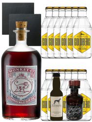 Gin-Set Monkey 47 SLOE GIN 0,5 Liter + Windspiel Gin 4cl + Filliers Gin 4cl, 12 x Goldberg Tonic 0,2 Liter + 2 Schieferuntersetzer