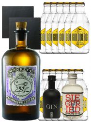 Gin-Set Monkey 47 Gin 0,5 Liter + Black Gin  5cl+ Siegfried Gin 4cl + 12 x Goldberg Tonic 0,2 Liter + 2 Schieferuntersetzer