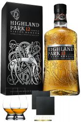Highland Park 12 Jahre Island Whisky 0,7 Liter + 2 Glencairn Gläser + 2 Schiefer Glasuntersetzer ca. 9,5 cm Durchmesser