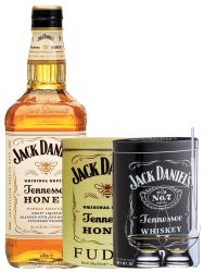Jack Daniels Honey Whisky Likör 1,0 Liter + 300g JD`s HONEY Fudge & 300g JD`s Whisky Malt Fudge + 2 Glencairn Gläser und Einwegpipette