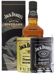 Jack Daniels Masters Distillers 0,7 Liter + 300g JD`s HONEY Fudge & 300g JD`s Whisky Malt Fudge + 2 Glencairn Gläser und Einwegpipette