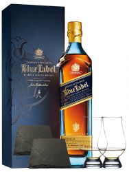 Johnnie Walker Blue Label Blended Scotch Whisky 0,7 Liter + 2 Glencairn Glser und 2 Schiefer Glasuntersetzer ca. 9,5 cm