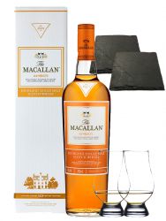 Macallan Amber 1824 Edition Single Malt Whisky 0,7 Liter + 2 Glencairn Gläser + 2 Schieferuntersetzer quadratisch 9,5 cm