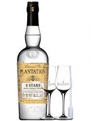 Plantation 3 Stars White Rum Jamaica, Barbados, Trinidad 0,7 Liter + 2 Plantation Stlzle Glser ohne Eichstrich + Einwegpipette 1 Stck