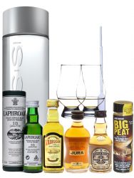 Whisky Probierset Chivas Regal 12 5cl, Isle of Jura 16 5cl, Kilbeggan 5cl, Laphroaig 10 5cl, Big Peat 5cl + 500ml Voss Wasser Still, 2 Glencairn Glser und eine Einwegpipette