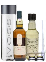 Whisky Probierset Lagavulin 16 Jahre 0,2L und Talisker 5 Jahre 0,2L + 500ml Voss Wasser Still, 2 Glencairn Gläser und eine Einwegpipette