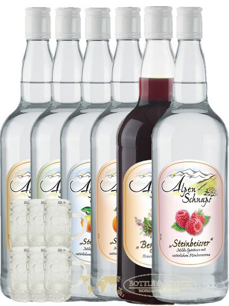 Alpenschnaps Steinbeisser Mischpaket 6 x 1,0 Liter + 6 Miniglaskrüge -  Bottle & Drinks - Whisky, Rum & Spirituosen Online Shop