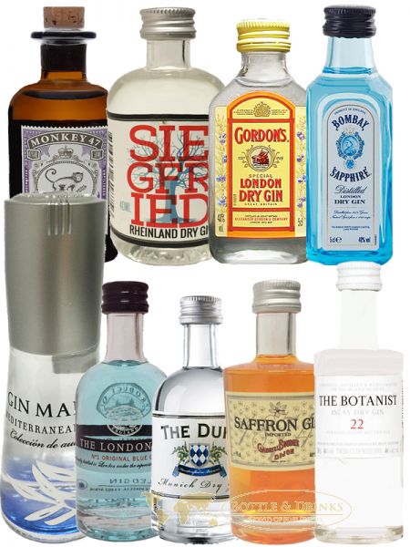 Mini Gin Probierset (Saffron, Bombay, Gin Mare, Gordons, Siegfried, Monkey,  Botanist, Duke, London Blue) - Bottle & Drinks - Whisky, Rum & Spirituosen  Online Shop