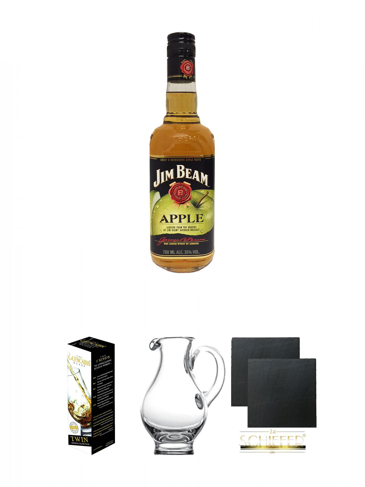 Jim Beam APPLE Whiskey 0,7 Liter + Glencairn Glas Twin Pack Whiskyglas  Stölzle 2 Stück + Wasserkrug Half Pint Serie The Glencairn Glass Stölzle +  Schiefer Glasuntersetzer eckig ca. 9,5 cm Ø
