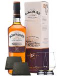 Bowmore 18 Jahre Islay Single Malt Whisky 0,7 Liter + 2 Glencairn Gläser + 2 Schieferuntersetzer quadratisch 9,5 cm