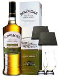 Bowmore Small Batch Single Malt Whisky 0,7 Liter + 2 Glencairn Gläser + 2 Schieferuntersetzer quadratisch ca. 9,5 cm