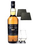 Caol Ila Distillers Whisky 0,7 Liter + 2 Glencairn Gläser + 2 Schieferuntersetzer quadratisch 9,5 cm
