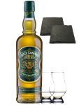 Loch Lomond Peated Single Malt Whisky 0,7 Liter + 2 Glencairn Gläser + 2 Schieferuntersetzer quadratisch 9,5 cm