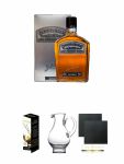 Jack Daniels Gentleman Jack 0,7 Liter + Glencairn Glas Twin Pack Whiskyglas Stölzle 2 Stück + Wasserkrug Half Pint Serie The Glencairn Glass Stölzle + Schiefer Glasuntersetzer eckig ca. 9,5 cm Ø 2 Stück