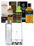 Whisky Probierset Bowmore 12 0,35L, Ardbeg 10 0,35L, Highland Park 0,35L + 850ml Voss Wasser Still, 2 Glencairn Gläser und eine Einwegpipette